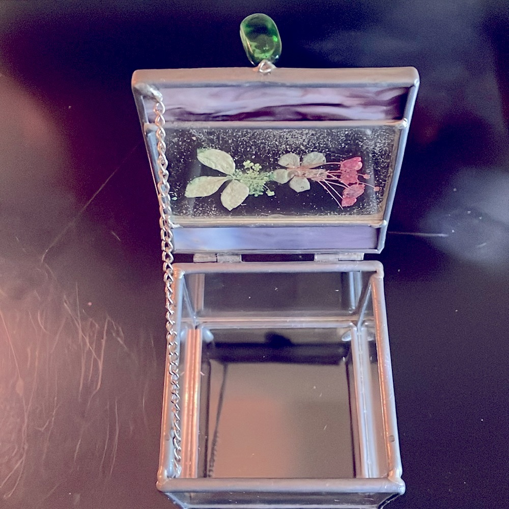 Hand Crafted Glass, Metal, Emerald Green Stones and Wild Flowers Jewelry Box